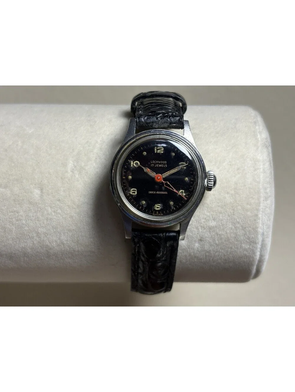 Vintage Lockwood Swiss Mechanical Watch Black Dial Red Seconds Hand 1950s RUNS